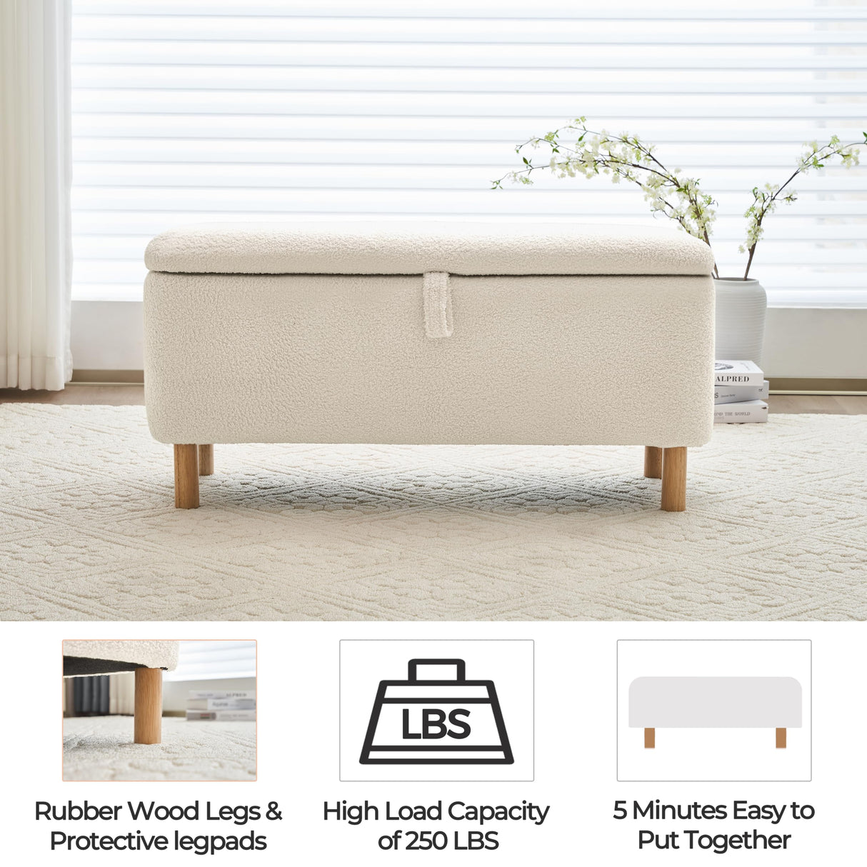 Boucle Storage Ottoman Bench for Bedroom end of Bed, Sherpa Upholstered Shoe Seat Storage Beach for Entryway Bed Foot, Rectangle Cushion Padded Blanket Chest Cute for Living Room, Off White Comfort Stretch