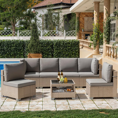 Aukreolis 7 Pieces Patio Furniture Set, Outdoor Sectional Wicker Sofa with Thick Cushions and Storage Coffee Table, Rattan Patio Conversation Sets for Deck Yard Poolside, Grey