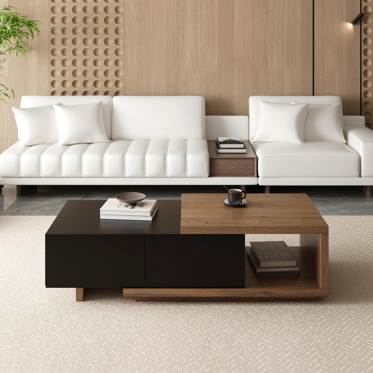 homary Extendable Coffee Table, 47"-69" Expandable Walnut Coffee Table with 2 Drawers, Modern Adjustable Center Table for Living Room & Small Spaces (Black & Walnut) homary