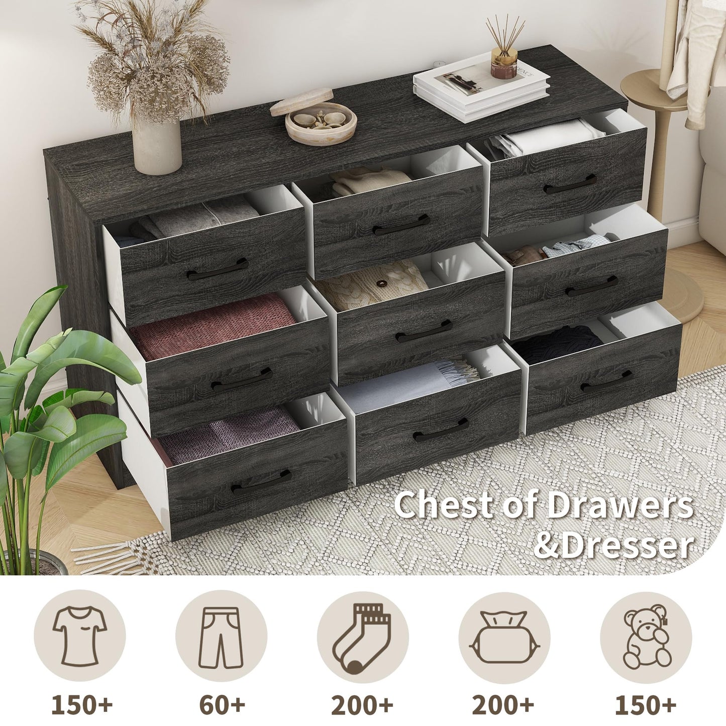 YMBSBUY 9 Drawer Dresser for Bedroom,Wood Chest of Drawers,Black Dresser with Steel Frame for Storage and Organization,Large Fabric Dresser for Kids Bedroom,Living Room, Nursery,Closet