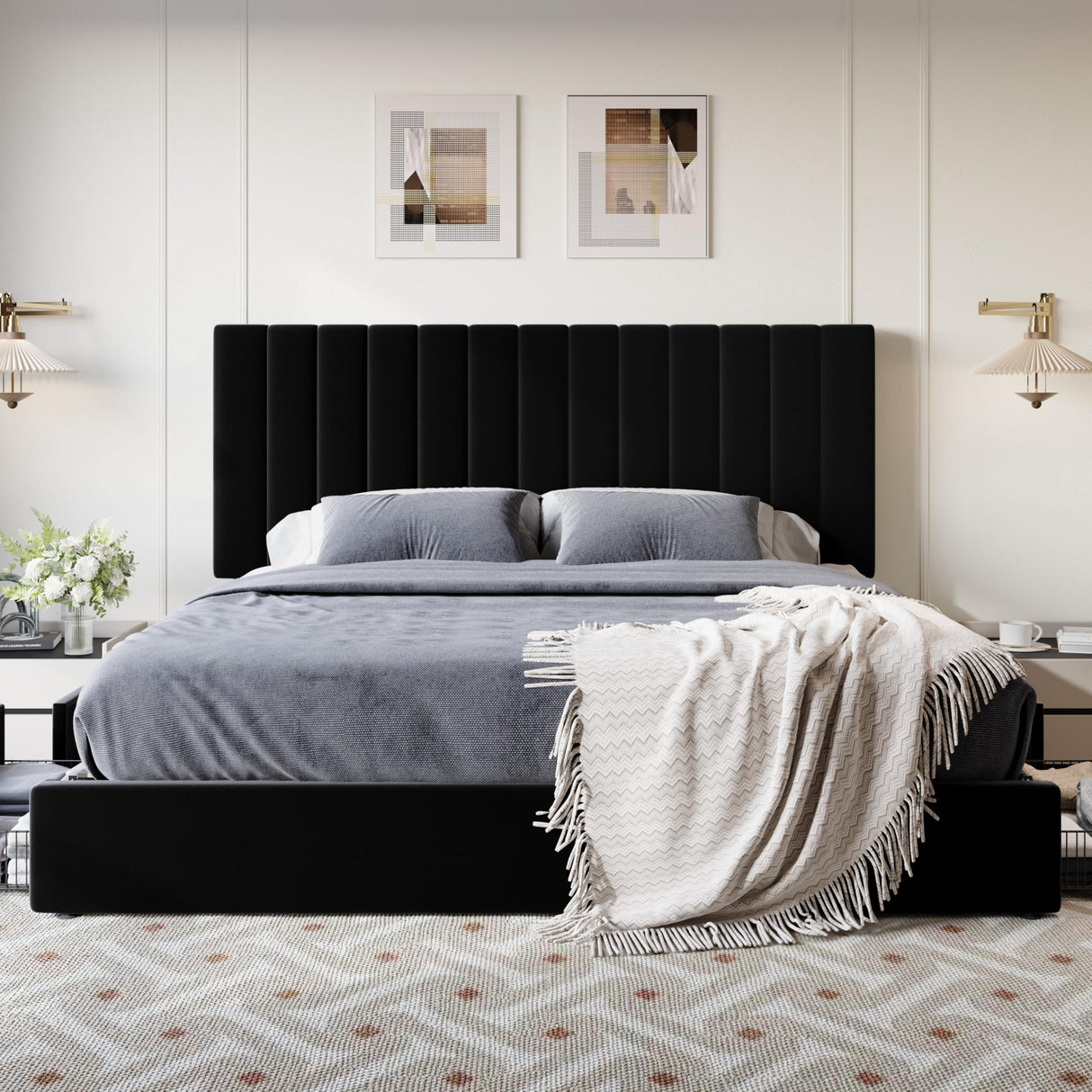 SHA CERLIN King Size Platform Bed Frame with 4 Storage Drawers, Vertical Channel Tufted Adjustable Headboard, Velvet Upholstered, Wooden Slats Support, No Box Spring Needed, Easy Assembly, Black SHA CERLIN