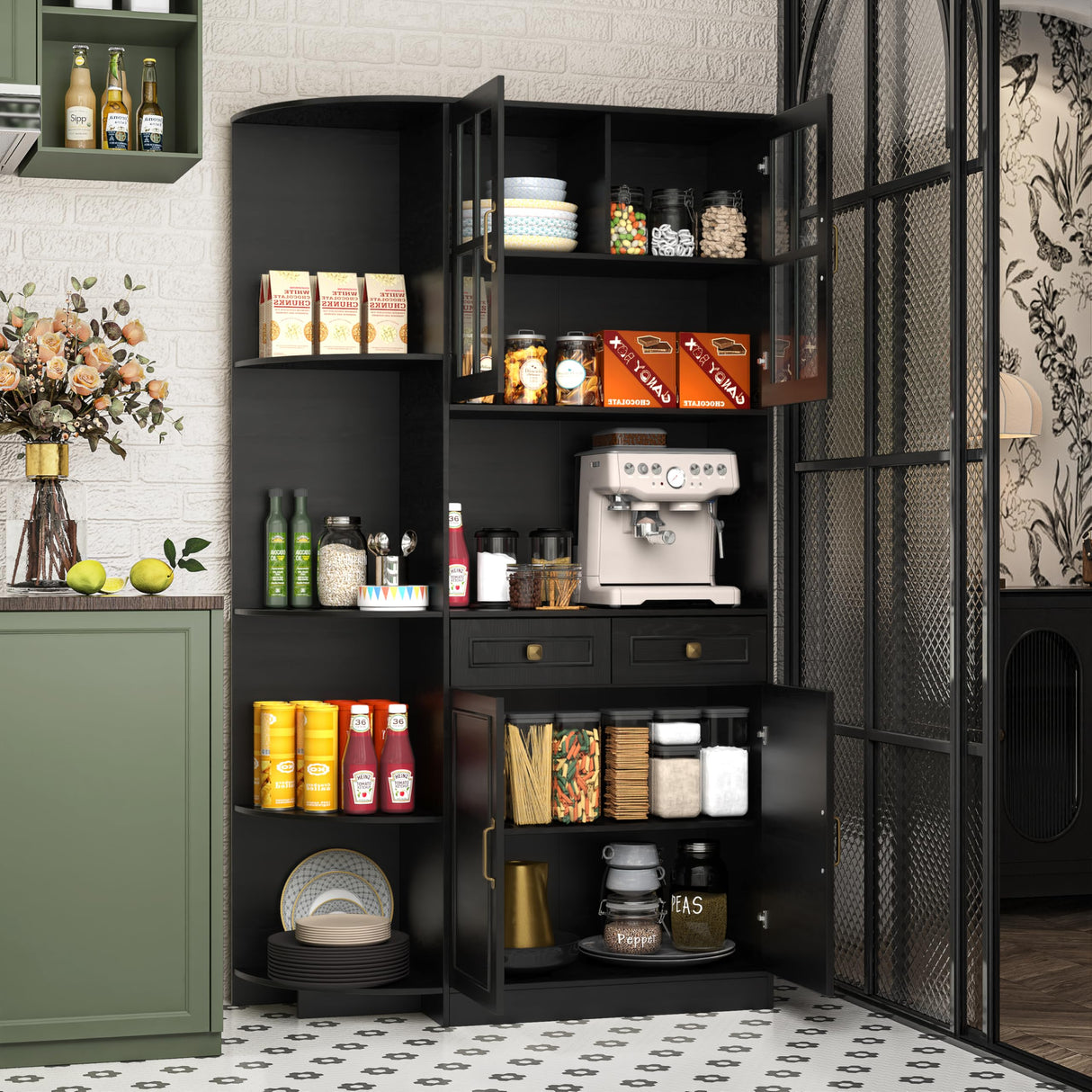 Fatmok Kitchen Pantry Cabinet with Charging Station, 71" Tall Modern Farmhouse Wood Kitchen Cabinet with a Large Drawer & Shelves, Freestanding Kitchen Hutch Cabinet with Microwave Stand, Cupboard Fatmok