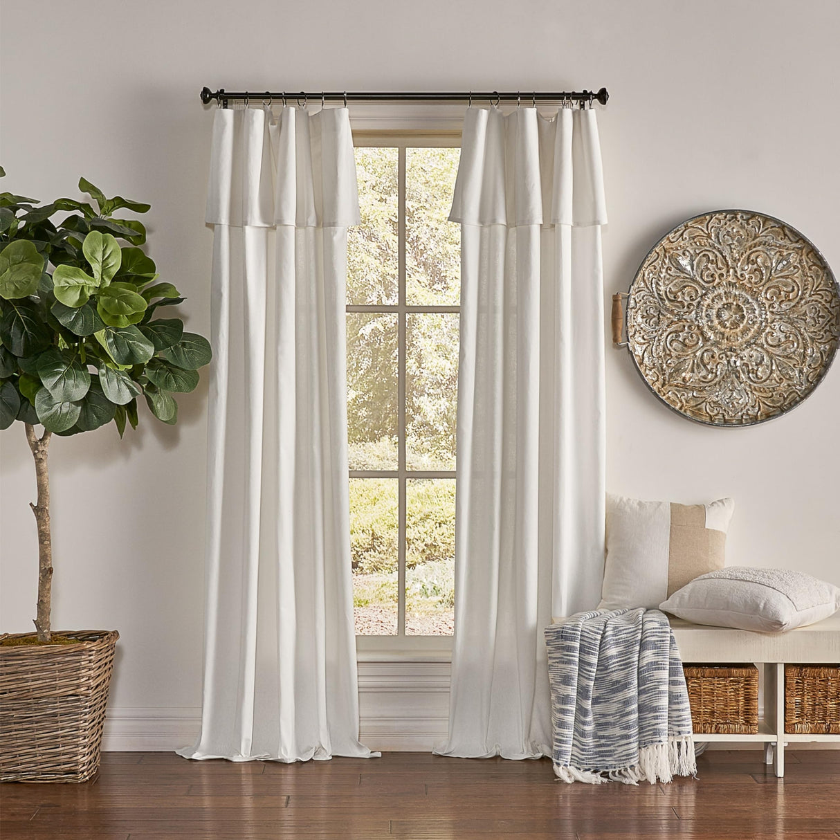 Mercantile Drop Cloth Curtain Panel, Light Filtering Ring & Tab Top with Attached Valance, 84 in Long x 50 in Wide, Farmhouse Single Window Panel, Bedroom, Living Room & Dining Room, Off White Mercantile