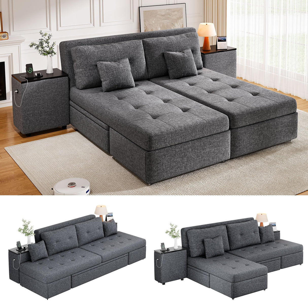 DWVO Queen Size Sofa Bed, 5-in-1 Multi-functional Convertible Sleeper Sofa with 2 Storage Cabinet Nightstand & USB Ports, 100" Sectional Sofa Couch with 2 Comfy Pillows for Living Room Apartment, Grey DWVO