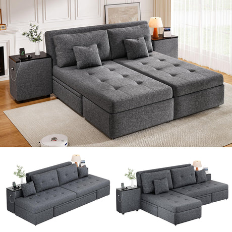 DWVO Queen Size Sofa Bed, 5-in-1 Multi-functional Convertible Sleeper Sofa with 2 Storage Cabinet Nightstand & USB Ports, 100" Sectional Sofa Couch with 2 Comfy Pillows for Living Room Apartment, Grey DWVO