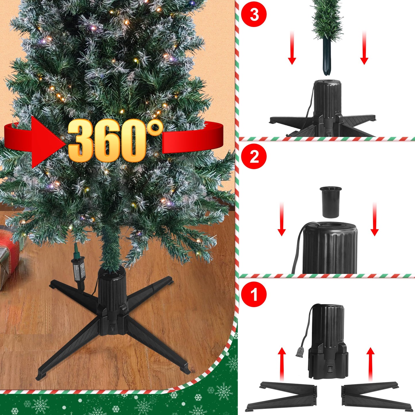 Stright 360-Degree Rotating Christmas Tree Stand, Adjustable Revolving Base for Tree Up to 7.5FT, Spinning Christmas Tree Stand with 2 Settings Trunk Diameter and One Built-in Electrical Outlet