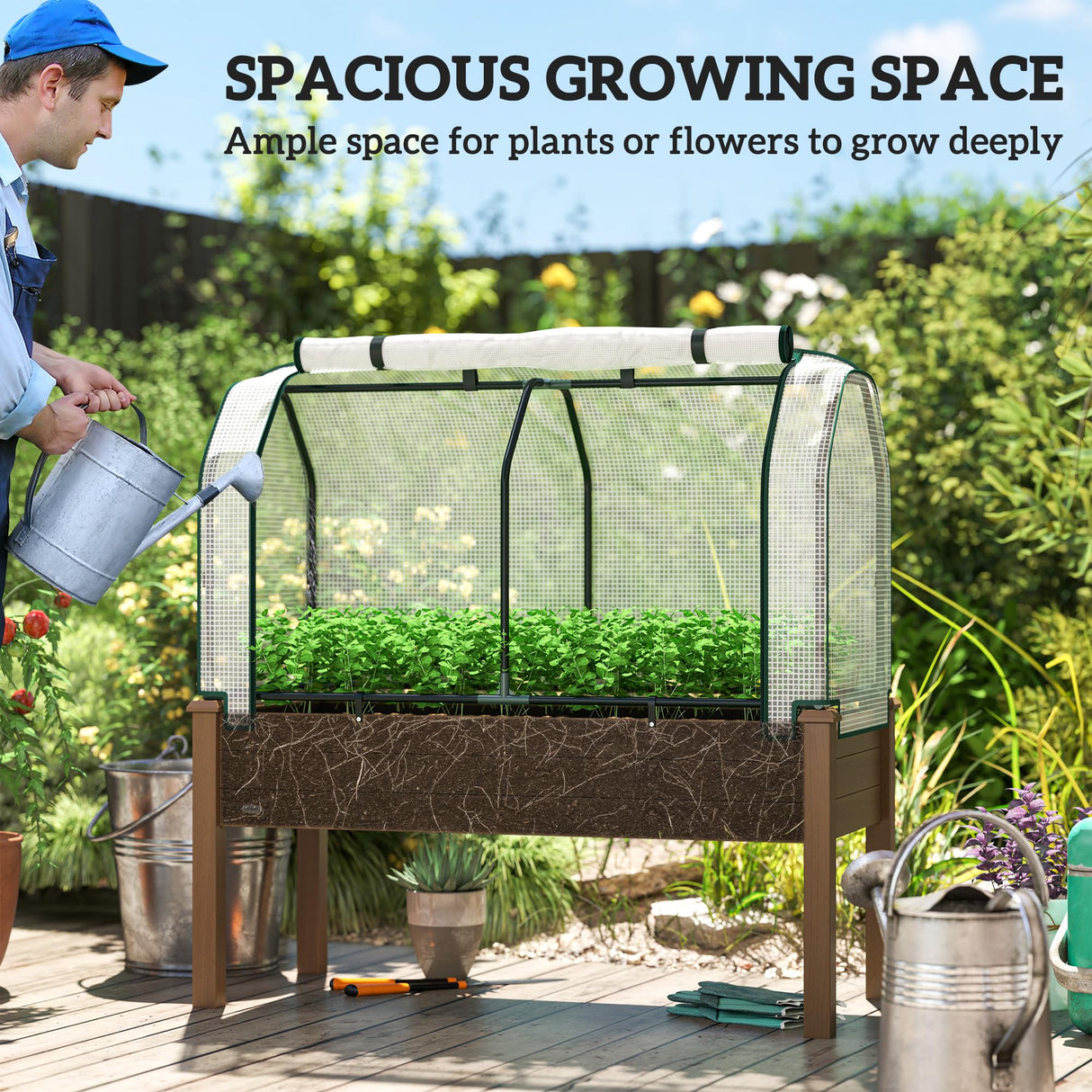 Outsunny Raised Garden Bed with PE Greenhouse Cover Outdoor Elevated Wood Planter Box for Herbs and Vegetables, Use for Patio, Backyard, Balcony, 48 x 22 x 46 inch, Brown Outsunny