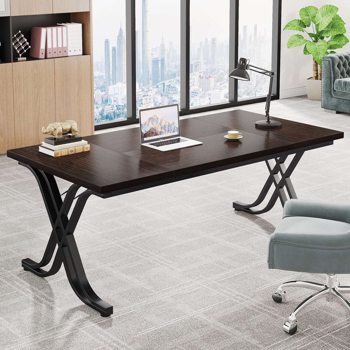 Tribesigns 63 Inch Executive Desk, Large Office Computer Desk with Thick Wooden Tabletop and Metal Frame, Modern Simple Workstation Writing Table Study Desk for Home Office, Walnut Brown Tribesigns