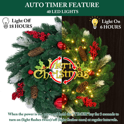 18 Inches Pre-Lit Artificial Christmas Wreath, Lighted Christmas Wreaths for Front Door with Battery Operated 45 LED Lights, Outdoor Christmas Wreath Decorated with Pine Cones, Berry Clusters