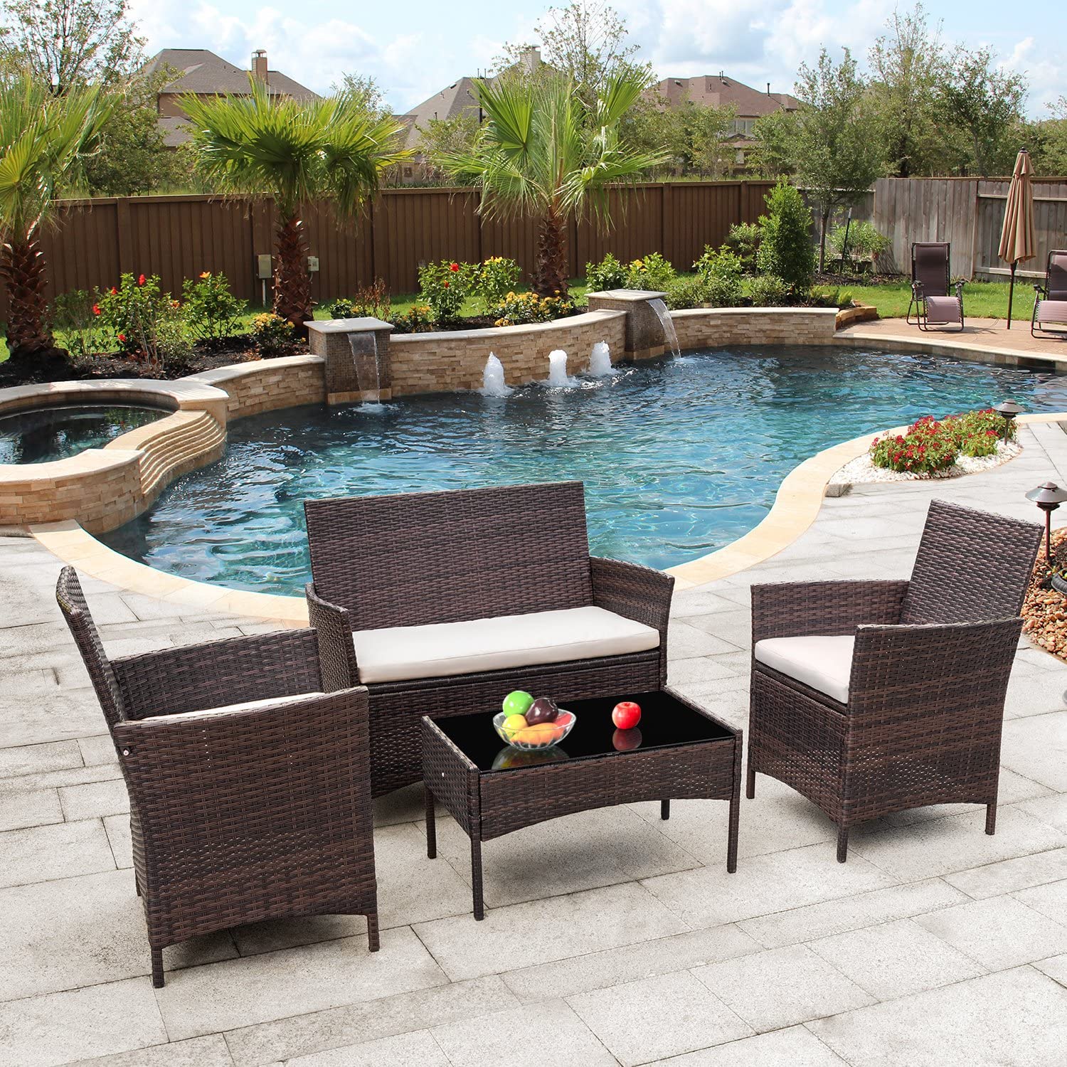 Flamaker Outdoor Furniture Patio Set Cushioned PE Wicker Rattan Chairs with Coffee Table 4 PCS for Garden Poolside Porch Backyard Lawn Balcony Use (Brown&Beige) - WoodArtSupply