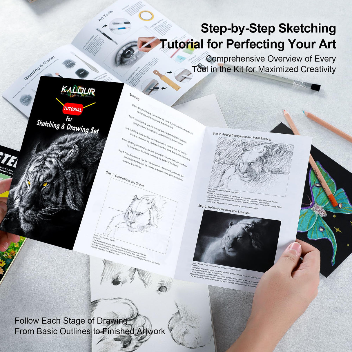 KALOUR 95-Piece Sketching and Drawing Art Set with 3-color Sketch Book and Pastel Paper – Graphite, Charcoal, and Pastel Pencils – Complete Artist Kit for Beginners and Professionals KALOUR