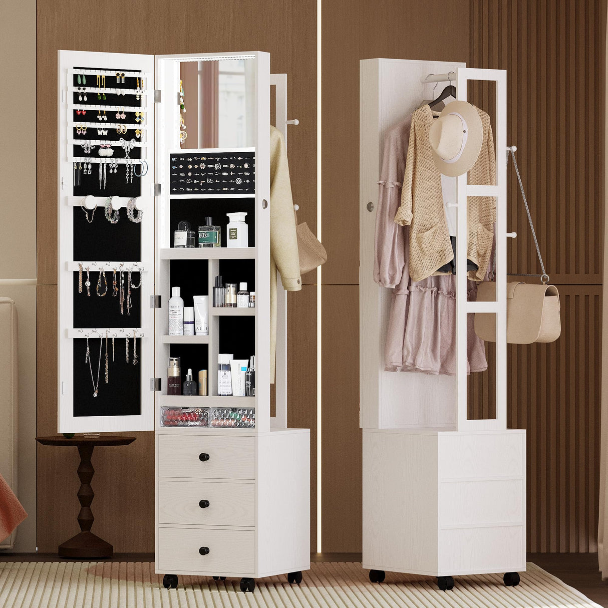 IRONCK Jewelry Cabinet with 3 Drawers, Lockable Standing Jewelry Armoire Organizer with Garment Rack, Full Length Mirror with Jewelry Storage and 4 Wheels for Bedroom, Cloakroom, White IRONCK