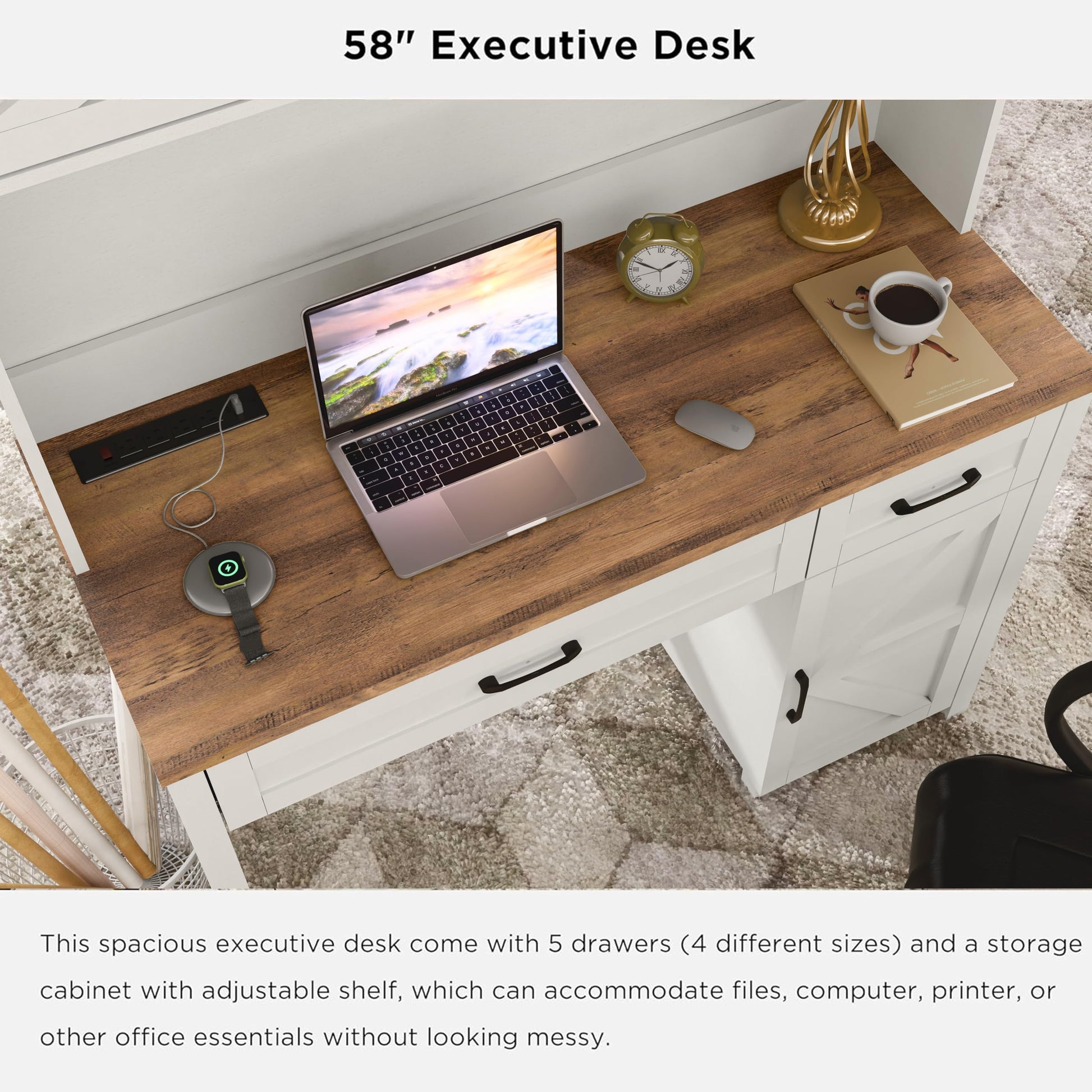 Befrases Farmhouse 47" Executive Desk, White Computer Desk with 2 Drawers and Storage Cabinet, Home Office Desk with Hutch, Charging Hub, Workspace for Work and Study. - WoodArtSupply