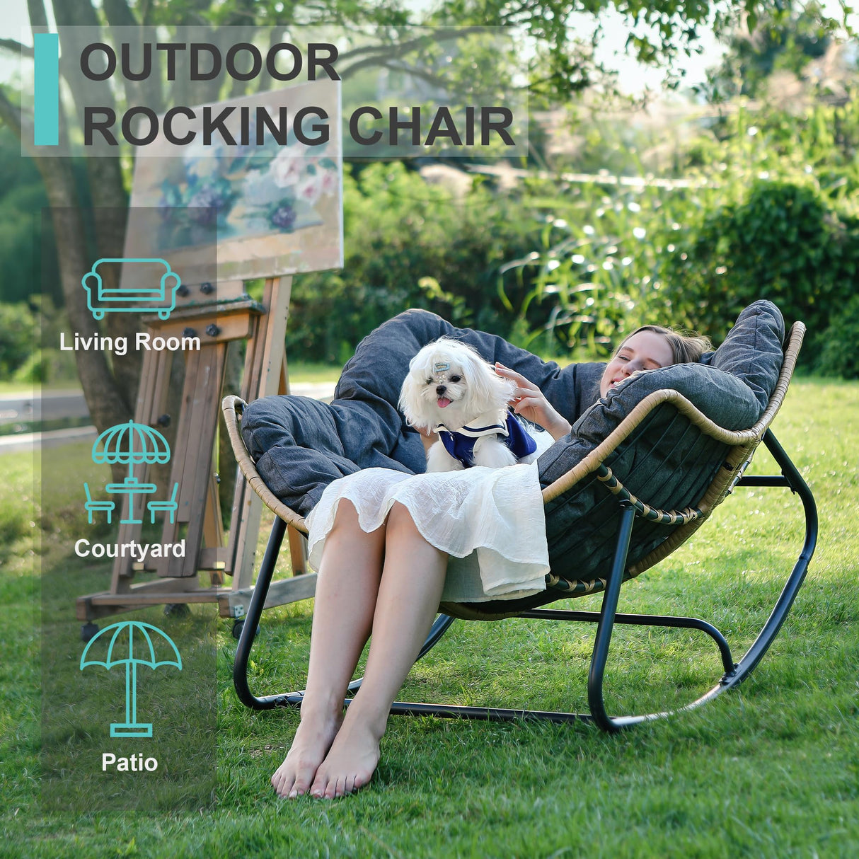 SWITTE Outdoor Rocking Egg Chair, Indoor Papasan, Rattan Wicker Lounge, Modern Royal for Bedroom, Living Room, Porch, Garden, Lawn - Dark Grey SWITTE