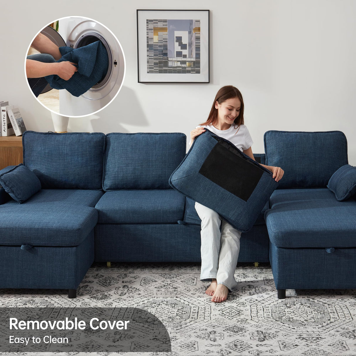 DURASPACE Sofa Bed Pull Out Couch Sleeper with Double Storage Chaise, U Shaped Convertible Sectional Sleeper Sofa for Living Room with USB Charging Ports, Cup Holder (Blue) DURASPACE