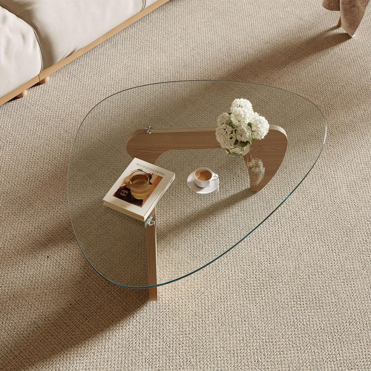 Miloyer Modern Coffee Table for Living Room and Small Spaces, 43.3" x 29.5" x 15.8" Triangle Tempered Glass Table Top and Eco-Friendly MDF Base, Natural Wood Miloyer