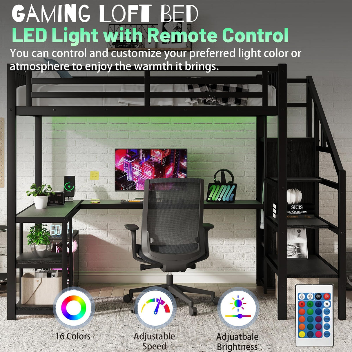 Full Size Loft Bed with Desk and Stairs,Metal Loft Bed Full with Wardrobe and Shelf, High Loft Bed with LED Light and USB for Kids, Teens, Junior, Adults,Black MoproBeti