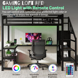 Full Size Loft Bed with Desk and Stairs,Metal Loft Bed Full with Wardrobe and Shelf, High Loft Bed with LED Light and USB for Kids, Teens, Junior, Adults,Black MoproBeti