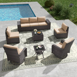 Kullavik 9 Pieces Outdoor Patio Furniture Set,PE Wicker Rattan Sectional Sofa Patio Conversation Sets with Tempered Glass Table,Swivel Rocking Chairs Set,Sand Kullavik