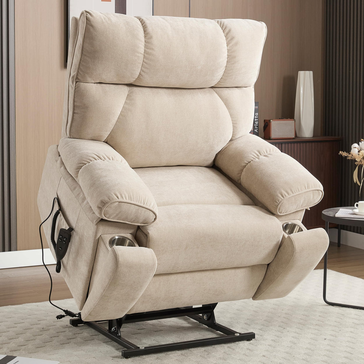 Dual Motor Power Lift Chair for Elderly with Vibration Massage and Lumbar Heating for Living Room, Electric Lay Flat Recliner with Cup Holders Remote Controls, Medium-Firm Chenille Fabric, Beige EZZUP