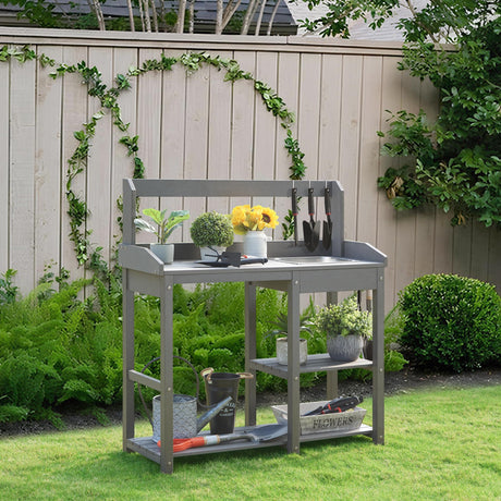 Psilvam Outdoor Potting Bench with Sink for All-Weather Gardens, HDPE Potting Benches for Outside, Planting Table for Garden, Patio and Lawn (Grey) Psilvam