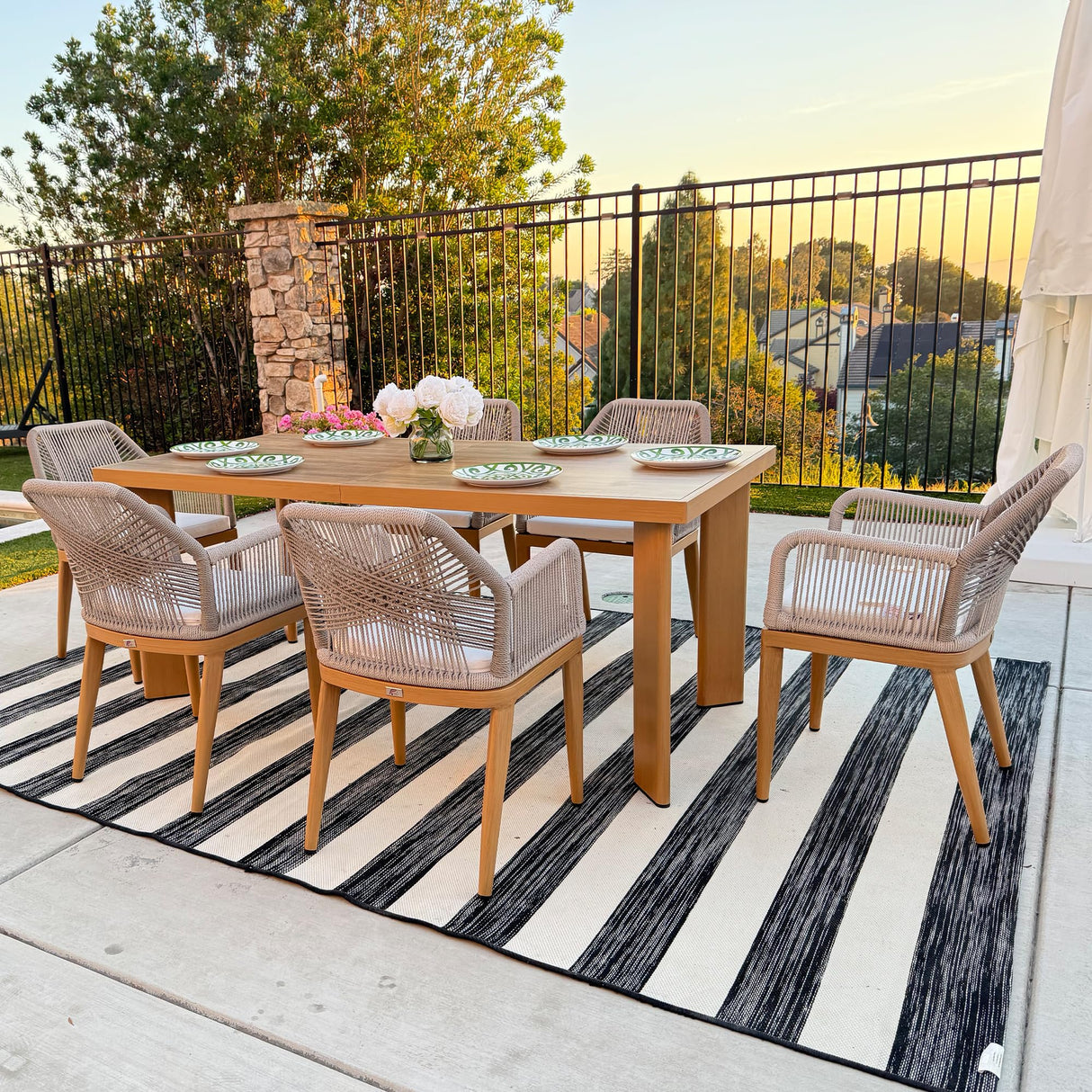 PURPLE LEAF 7 Pieces Patio Dining Set Aluminum Modern Rectangular Table and Rattan Arm Chairs with Cushions for Kitchen Porch Garden Outdoor Furniture Sets, Teak PURPLE LEAF