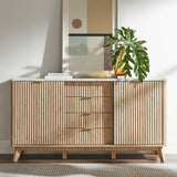 T4TREAM Fluted Buffet Cabinet, 60" Modern Sideboard with Sliding Doors & 4 Drawers, Coffee Bar Table with Storage, Faux Marble Top and Curved Profile Design for Dining Room, Living Room, Natural Oak T4TREAM
