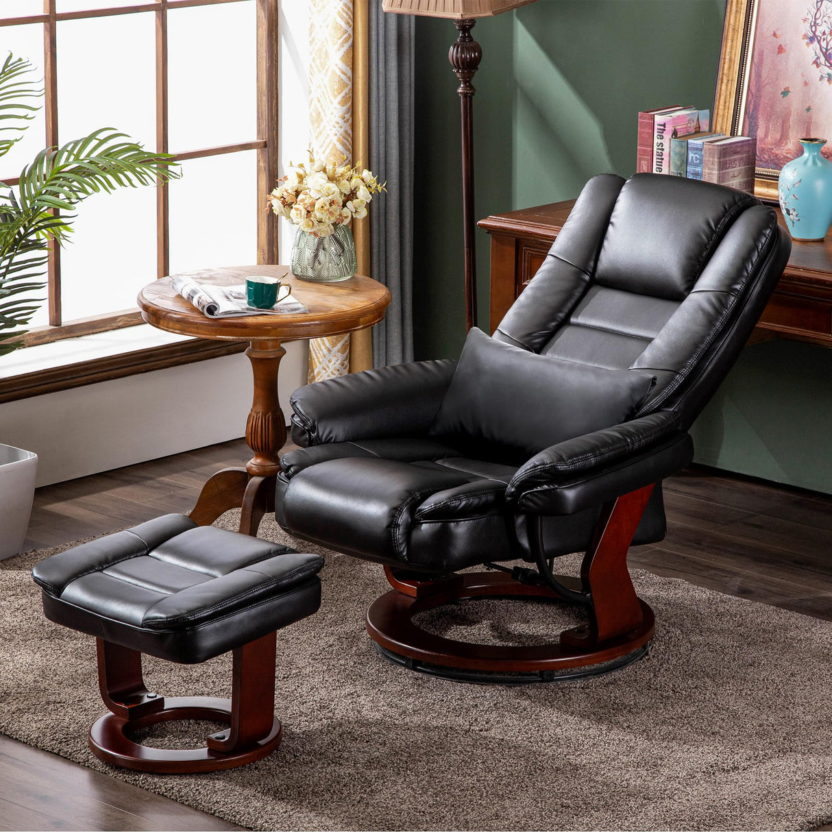 MCombo Swivel Recliner with Ottoman Chair, TV Chair Sets with Vibration Massage, for Small Space Living Room Bedroom 9096 9099 (Textile, Black) MCombo