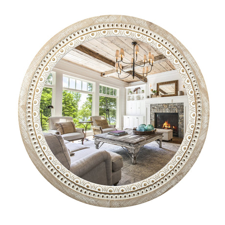 Reflinto Round Decorative Wall Mirrors, 24" Farmhouse Circle Mirror with White Wash Beads Wooden Frame Rustic Distressed Mirrors for Bedroom, Bathroom, Living Room, or Entryway Decor Reflinto