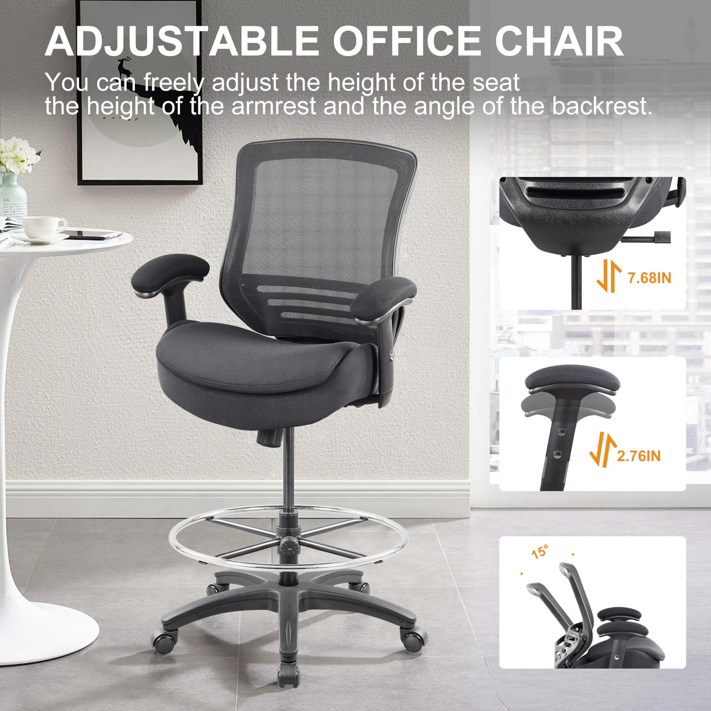 WITTLONG 400lbs Drafting Chair with Extra Seat Cushion Tall Office Chair with Soft Armrests Executive Computer Standing Desk Chair with Lumbar Support and Enlarged Adjustable Footring-Black - WoodArtSupply