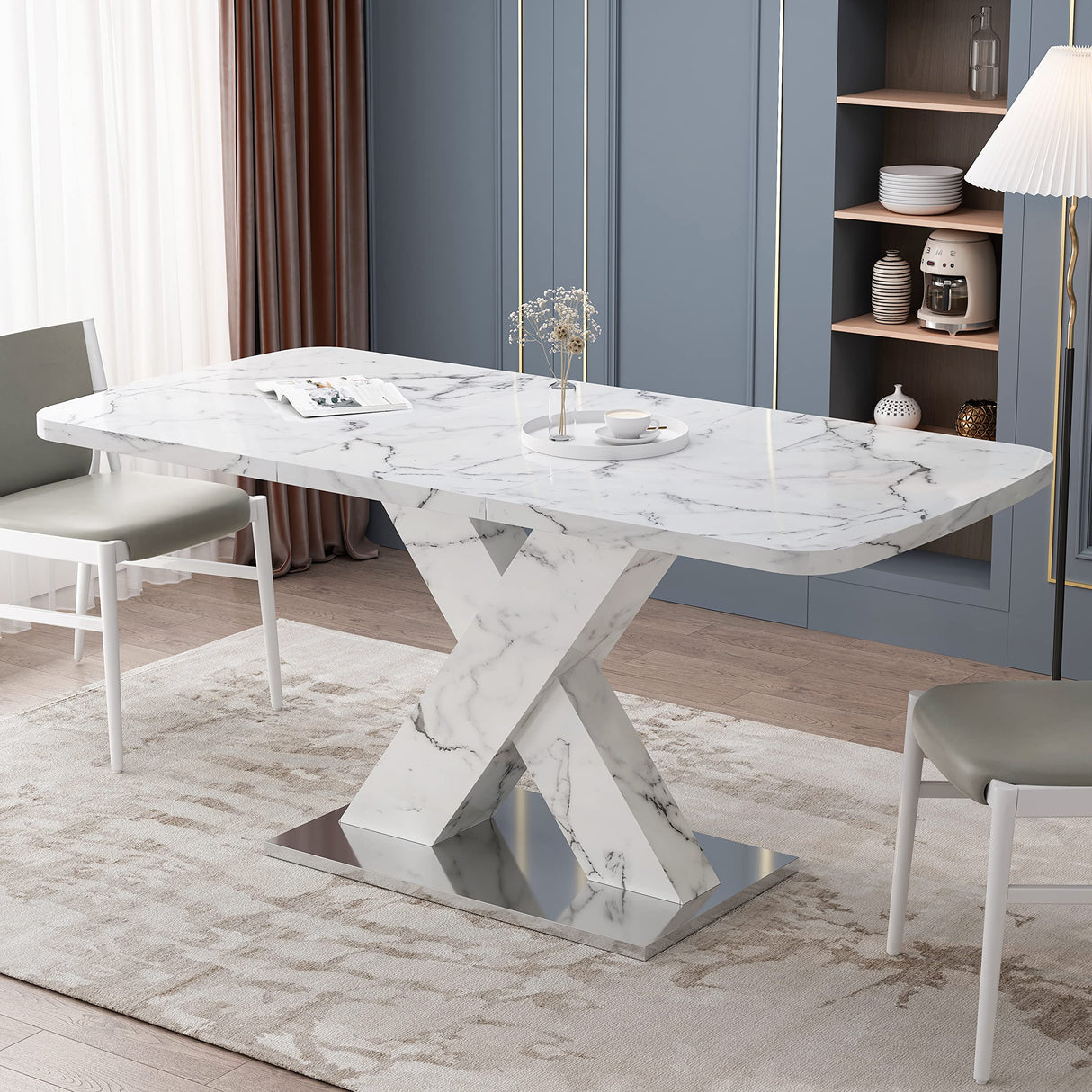 Lasadelgar Expandable Dining Table for 4, Extendable 47-63 Inch Modern White Faux Marble Dining Room Table with MDF Table Top X-Shape Table Leg Metal Base Lasadelgar