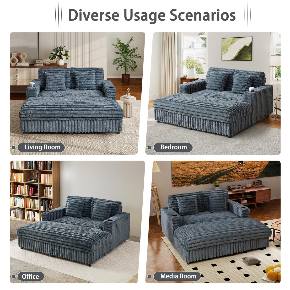 RARZOE 64'' Oversized Chaise Lounge Chair Indoor, Plush Faux Rabbit Fur Sleeper Sofa Bed with 4 Pillows, Charging Station & Cup Holders, Fluffy Comfy Cloud Couch Loveseat Sofa for Living Room,Grey RARZOE