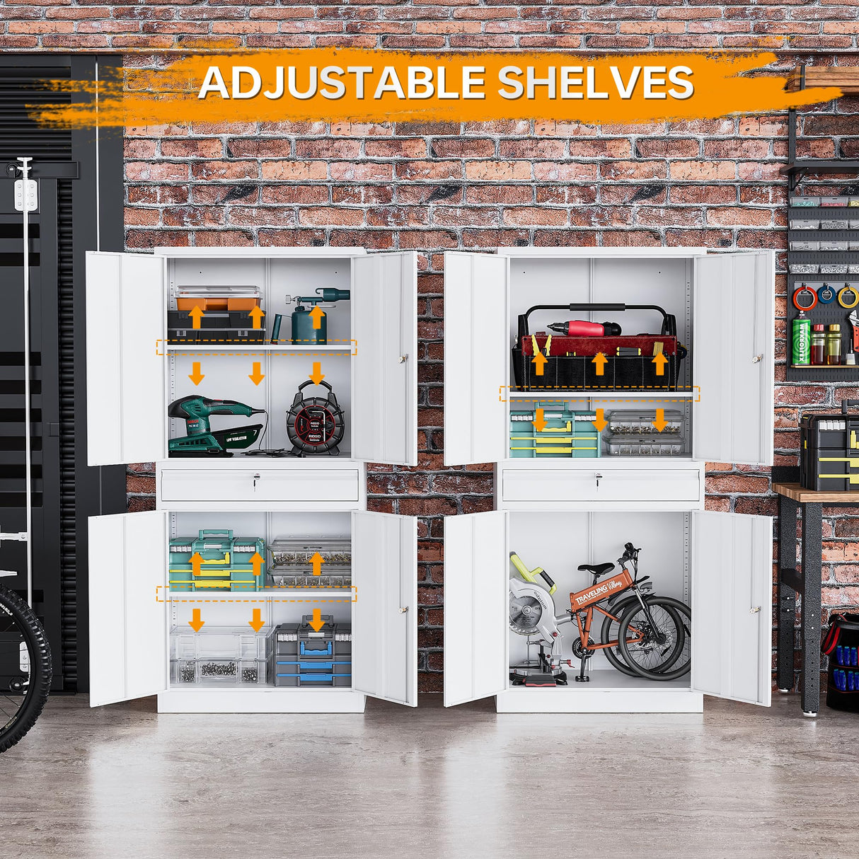 STANI Metal Garage Storage Cabinets with Drawer, 4 Doors Tool Storage Cabinet with 2 Adjustable Shelves, 71"-Lock Steel Locking Cabinet for Garage Utility Room Home Office (White, 0 Wheel-71 H) STANI