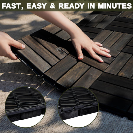 VICTORY RELAX Acacia Wood Flooring Interlocking Deck Tiles for Patio Decor 9 Pcs 12 Slats VR Black - Waterproof Indoor & Outdoor Decor - Balcony Garden Decking Tile (12.2 * 12.2 * 0.7 inches) VICTORY RELAX