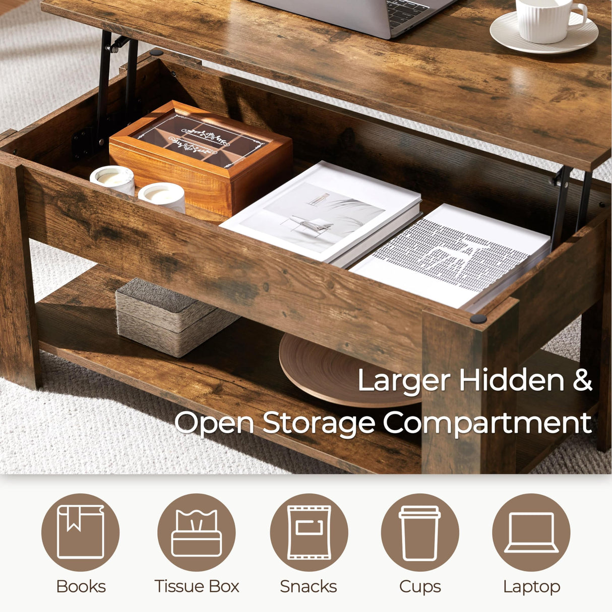 Yaheetech Vintage Coffee Table, Lift Top Coffee Table with Large Hidden Storage Shelf, Lift Tabletop Dining Table for Living Room, Home Small Space, 38.6in, Rustic Brown Yaheetech