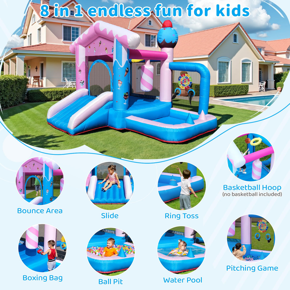 TOAOB Inflatable Bounce House - 8-in-1 Bouncer House for Kids Ages 3-6, Indoor & Outdoor Bouncy Jumping Castle Slide with Blower for Backyard Birthday Party TOAOB