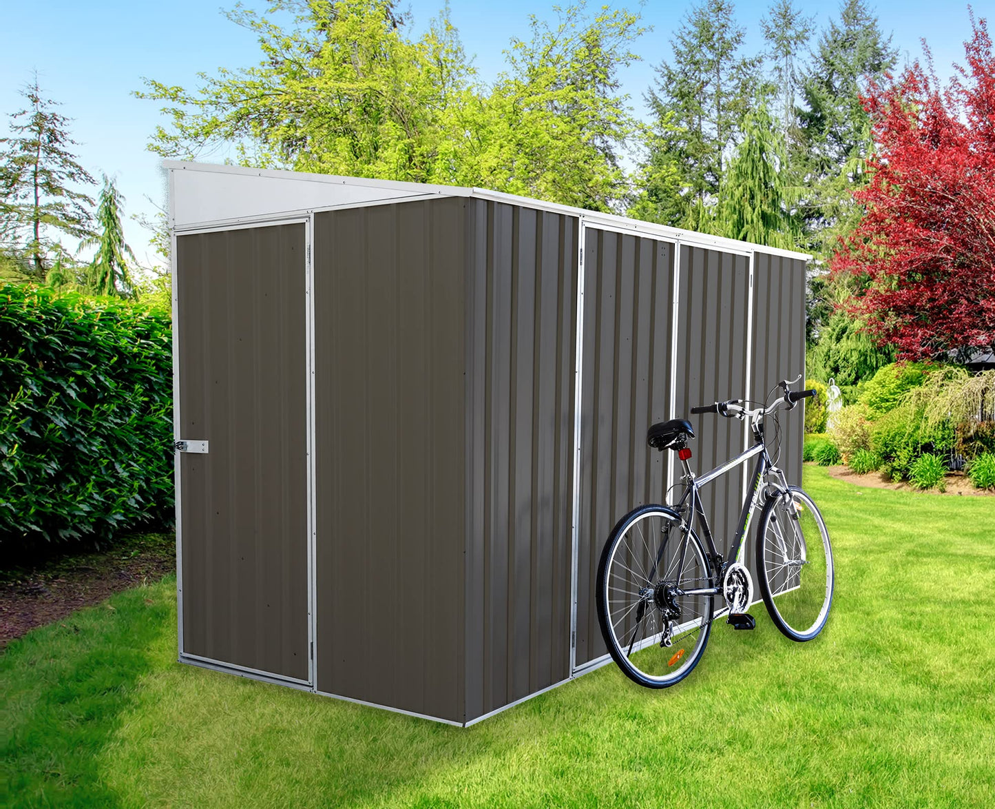 ABSCO Lean to 10 x 5 Ft. Metal Bike Shed, Aluminum and Steel Utility Tool Shed, Outdoor Storage for Backyard, Lawn, Bikes, 50 Sq. Ft., Woodland Gray