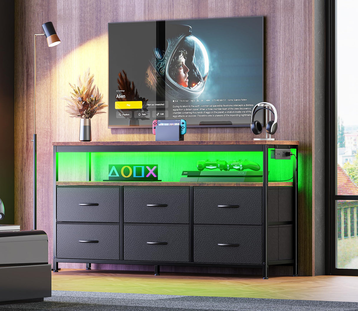 Huuger LED TV Stand for Bedroom, 47 Inch Dresser with Power Outlets, Entertainment Center for 55, 50, 43 Inch TV, 6 Drawer Dresser for Bedroom, Chest of Drawers with Shlef, PU Leather, Rustic Brown Huuger