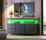 Huuger LED TV Stand for Bedroom, 47 Inch Dresser with Power Outlets, Entertainment Center for 55, 50, 43 Inch TV, 6 Drawer Dresser for Bedroom, Chest of Drawers with Shlef, PU Leather, Rustic Brown Huuger