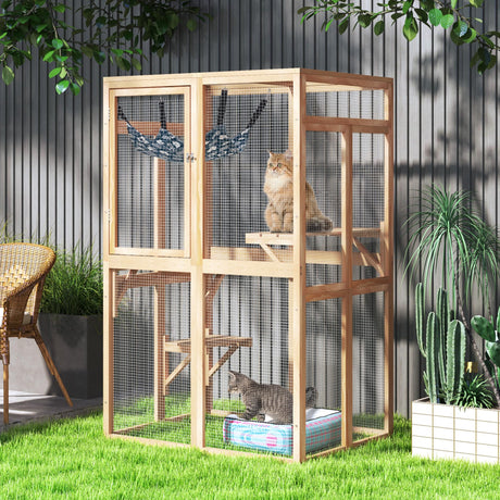 COZIWOW Catio Outdoor Cat Enclosure Window Access, Wooden Cat House Shelter, Kitty Cage with Hammock for Patio Indoor (Wood) COZIWOW