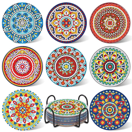 UPINS 8Pcs Mandala Diamond Art Painting Art Coasters Kits with Holder, Diamond Art Non Slip Coaster Kits DIY with Holder Crafts for Adults Diamond Art Painting Kits Supplies for Christmas Gift UPINS