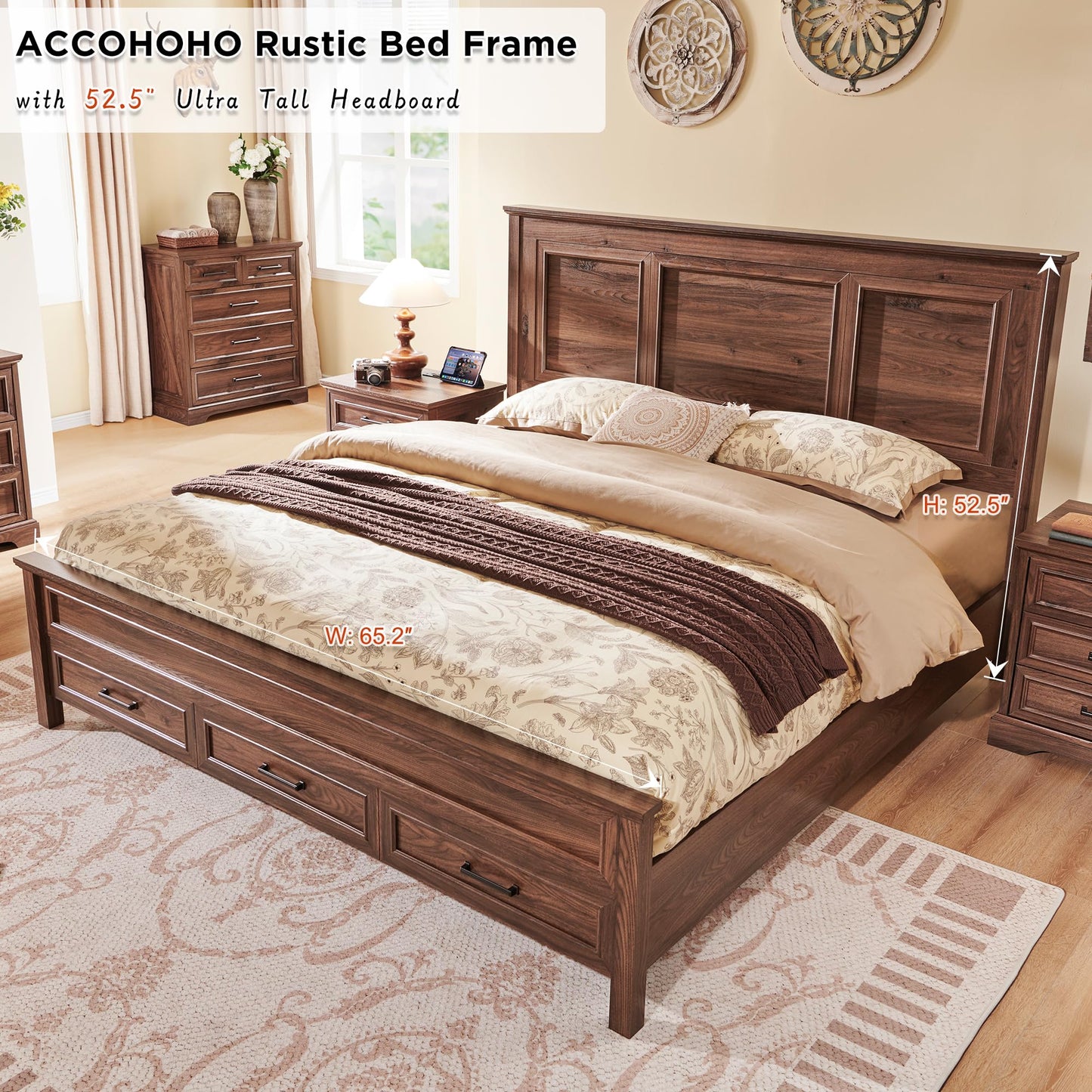 ACCOHOHO Rustic King Size Bed Frame with 52" Tall Headboard and Storage Drawers in Antique Brown - WoodArtSupply