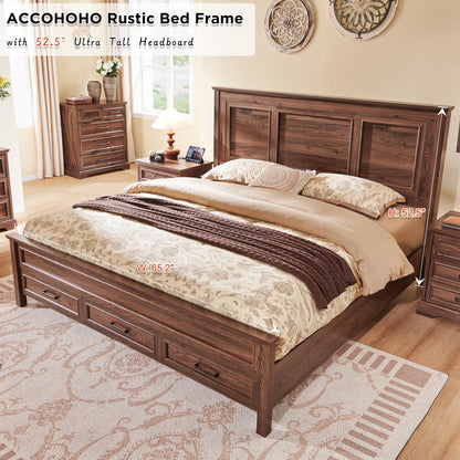 ACCOHOHO Rustic King Size Bed Frame with 52" Tall Headboard and Storage Drawers in Antique Brown - WoodArtSupply