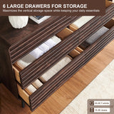 RedLemon 6 Drawers Dresser for Bedroom, 54'' Wide Mid Century Modern Wood Fluted Double Dresser, Chest of Drawers with Tapered Leg for Bedroom, Living Room, Hallway, Closet, Dark Walnut RedLemon