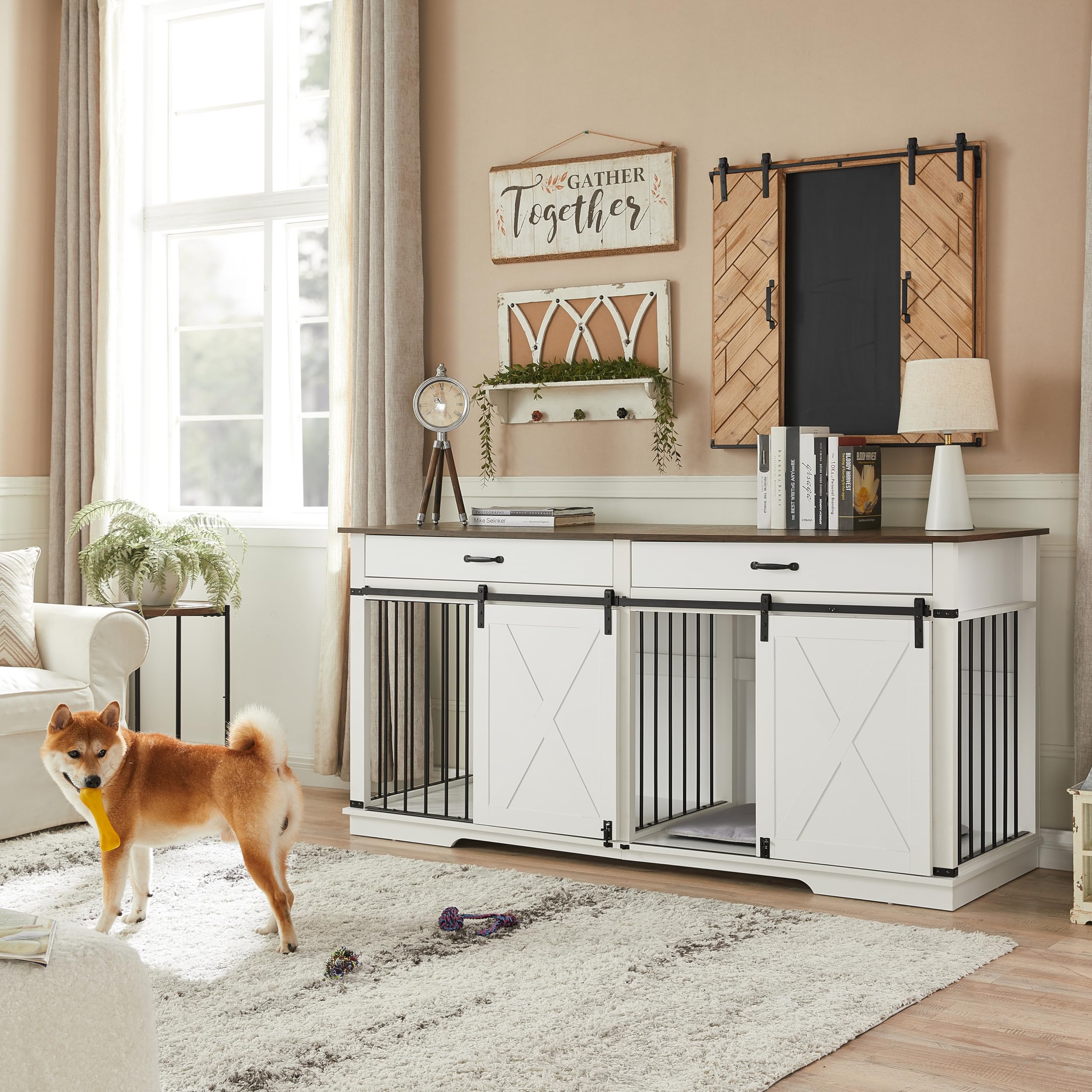 Extra Large Furniture Style Double Dog Crates 72.5 Farmhouse Wooden Dog Kennel Furniture with Drawers Divider Water Resistant Barn Door for 2 Dogs White WoodArtSupply