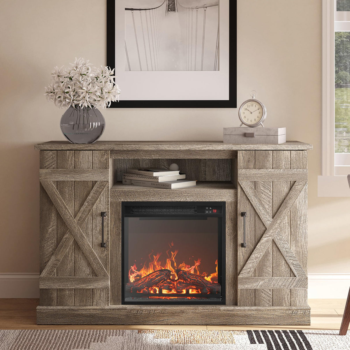 BELLEZE 47" TV Stand with 18" Electric Fireplace Heater & Media Entertainment Center Console Table for TV up to 50" with Open Storage Shelves & Cabinets - Veropeso (Ashland Pine) BELLEZE