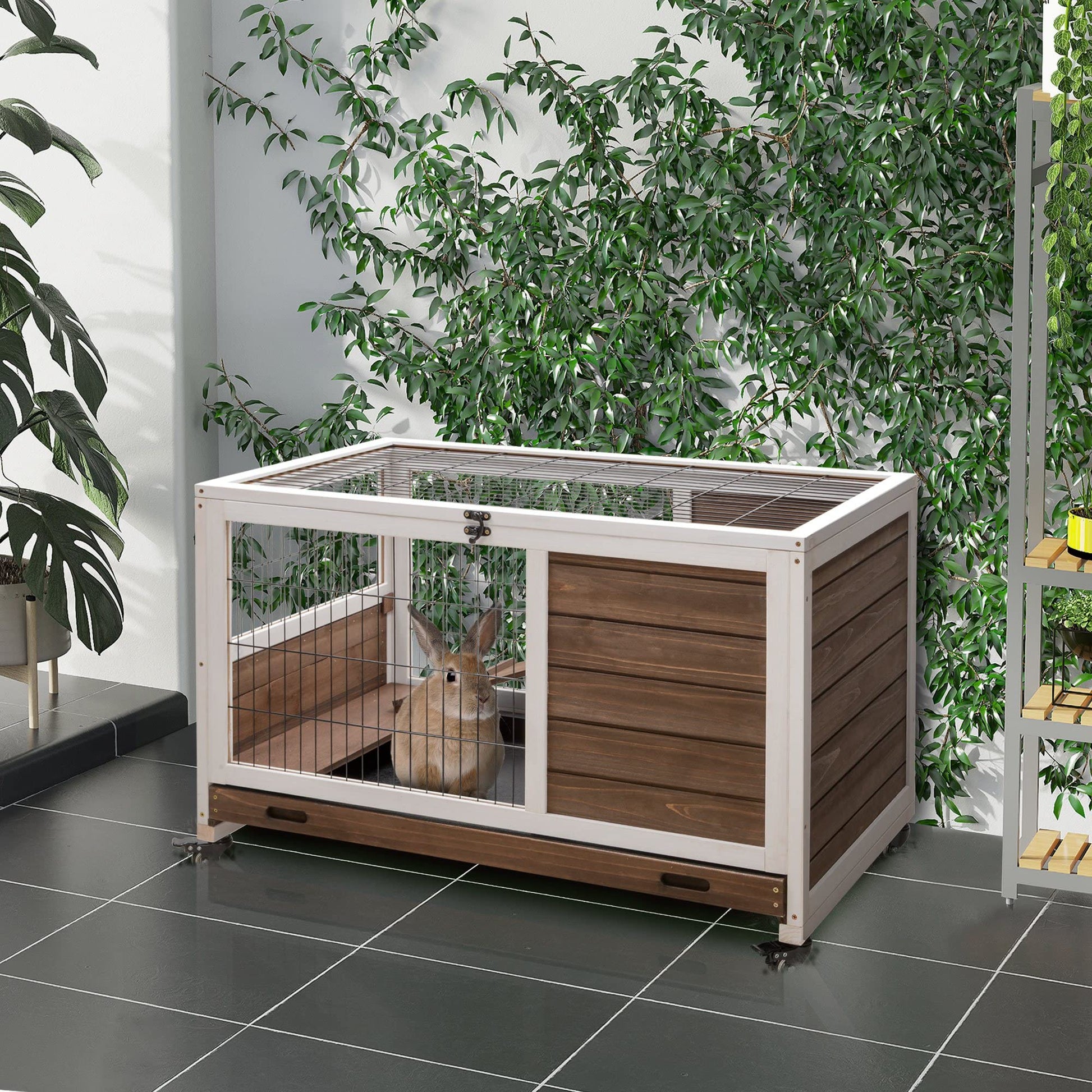 PawHut Wooden Indoor Rabbit Hutch Elevated Cage Habitat with No Leak Tray Enclosed Run with Wheels, Ideal for Rabbits and Guinea Pigs, Brown - WoodArtSupply