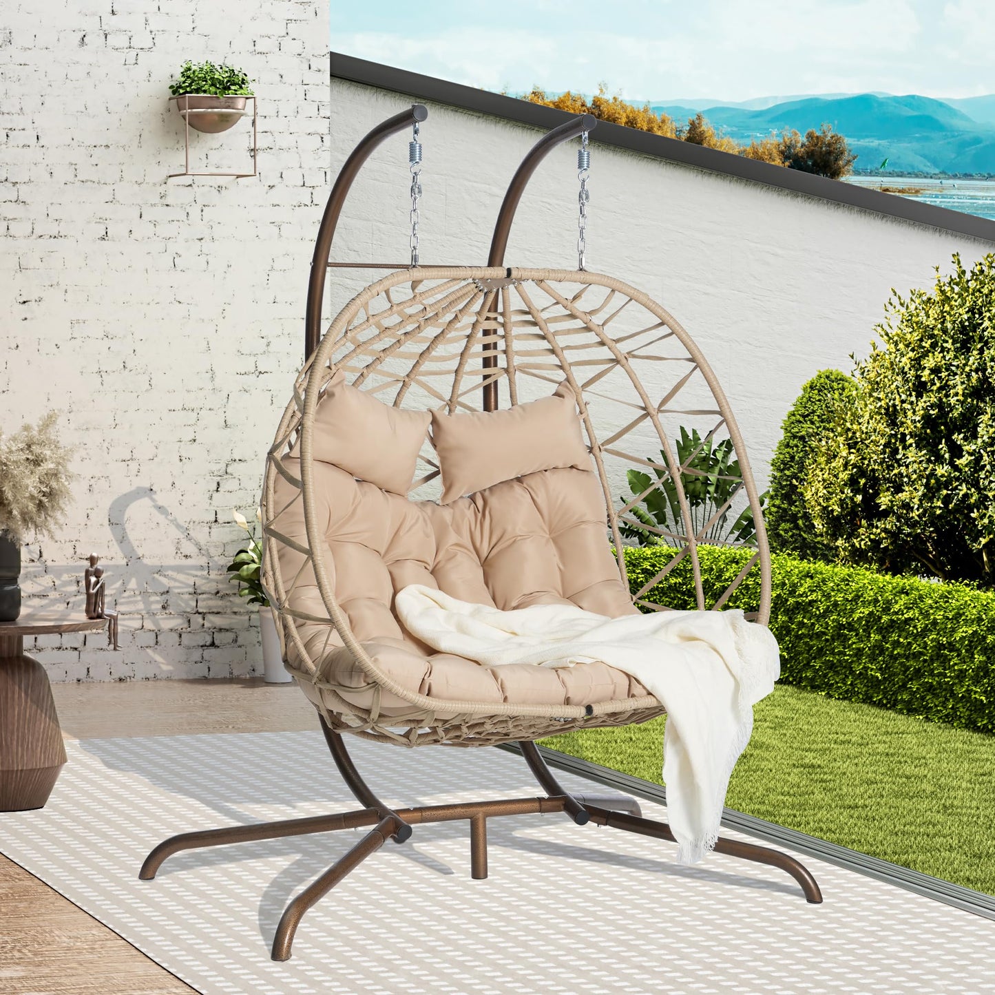 Brafab Double Rattan Swing Egg Chair with Stand, Oversized 2 Person Wicker Hanging Egg Chair for Indoor/Outdoor, Basket Hammock Chair with UV Resistant Cushion, 600 lbs Capacity, Khaki