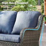 ovios Patio Furniture Set, 6 Piece Outdoor Wicker High Back Sofa with Swivel Rocking Chairs, Ottomans, Comfy Cushions, All Weather Conversation Set, Grey Rattan Denim Blue ovios