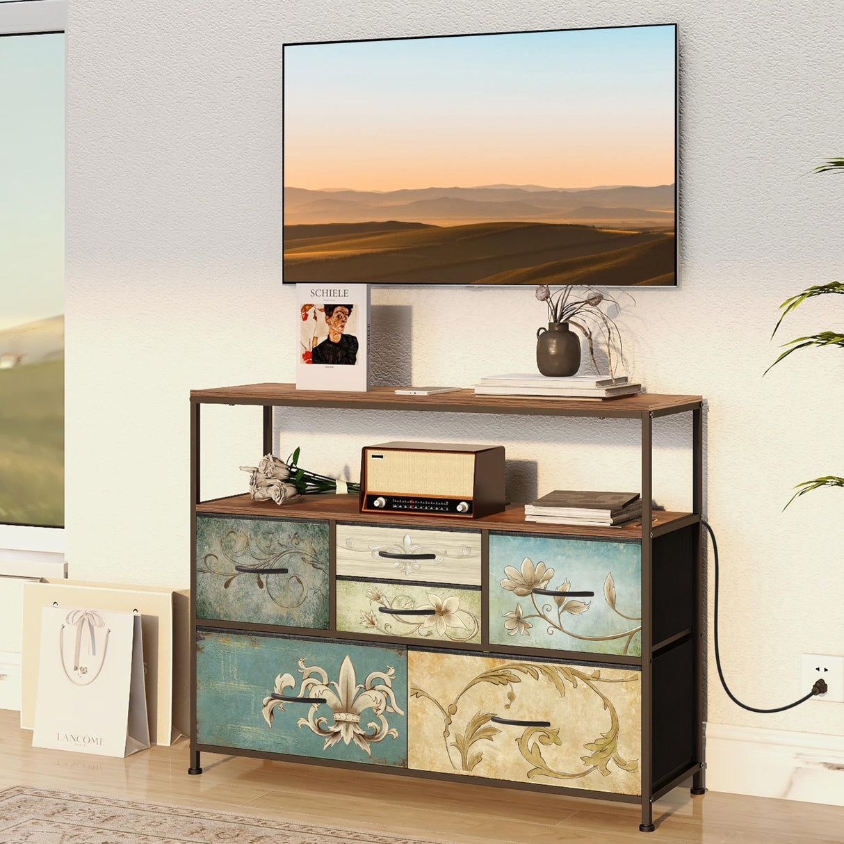 Tohomeor TV Stand with Power Oulet Dresser with Charging Station & LED Light Dresser with 6 Fabric Drawers for Living Room Storage Chest of Drawers Retro Dresser with Open Shelf Wooden Top Tohomeor